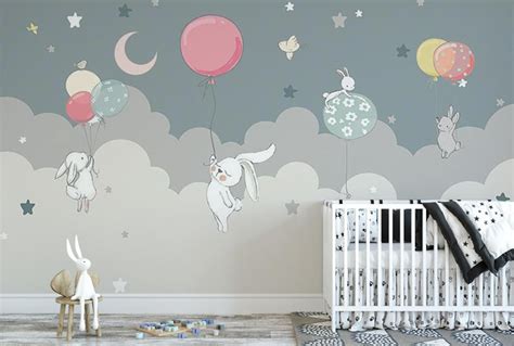 Cartoon Hand Painted Grey Clouds Nursery Wallpaper Lovely Etsy Kids