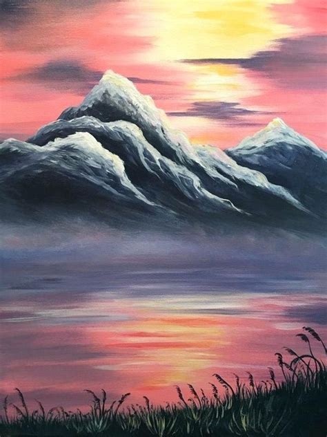 A Painting Of Some Mountains In The Sky With Clouds And Water Below It