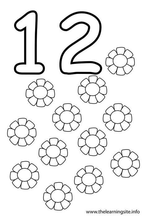 Coloring Page Outline Number Twelve Flowers Free Printable Numbers