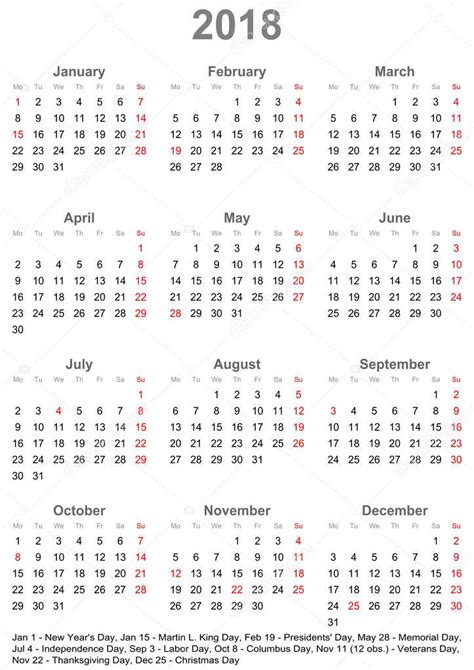 Simple Calendar 2018 With Public Holidays For Usa — Stock Vector