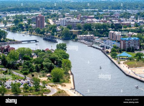 An Ariel View From A Helicopter Over St Joseph Michigan Shows The Town