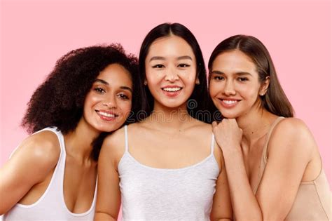 Diversity And Beauty Concept Portrait Of Happy Three Multiethnic