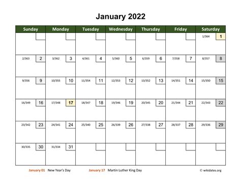 Monthly 2022 Calendar With Day Numbers