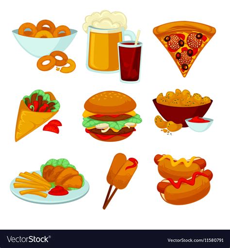 Set Of Fast Food Meals Collection Cartoon Snack Vector Image