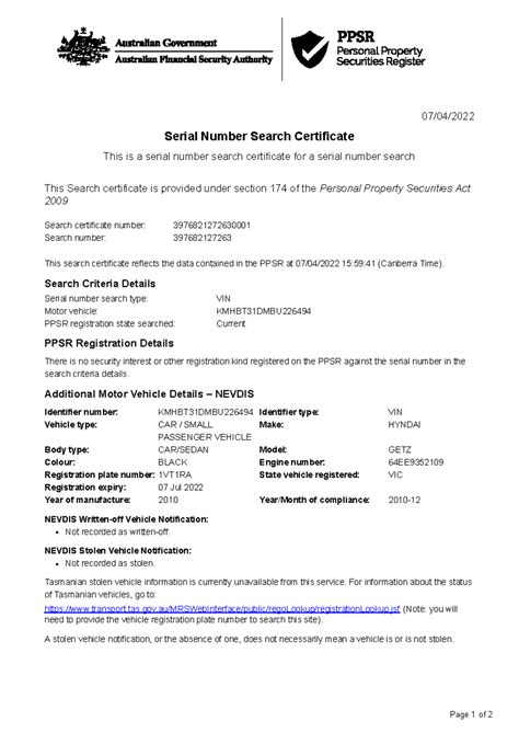 PPSR Search Certificate 3976821272630001 - Page 1 of 2 07/04/ Serial