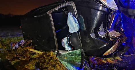 Drivers Miraculous Escape From Horror Crash As Car Smashes Into Lamppost And Rolls Into Field