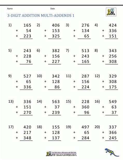 Adding Multiple Numbers Worksheet