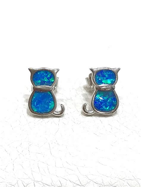 Blue Opal Stud Earrings With Cat In Sterling Silver 925 Etsy