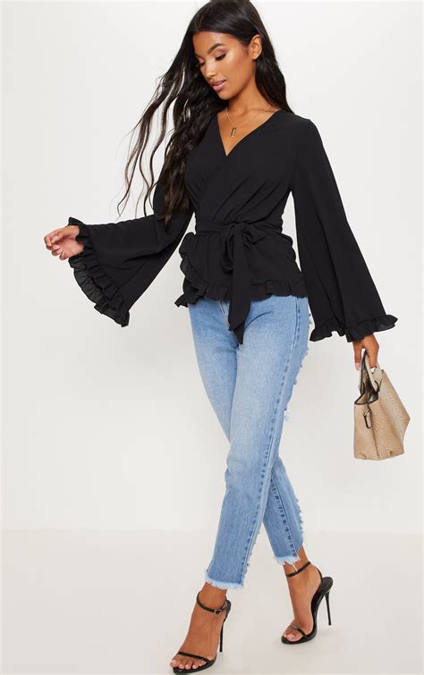 black flared sleeve frill blouse tops prettylittlething
