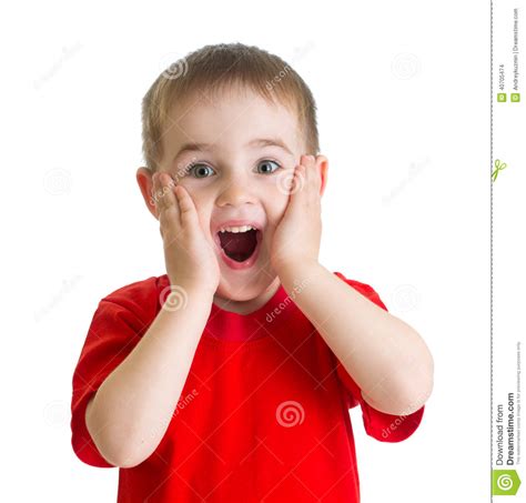 Surprised Little Boy Portrait In Red Tshirt Isolated Stock Photo