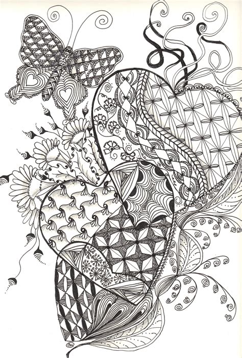 Triple Hearts And Butterfly Zentangle Art Print Love Hearts Abstract