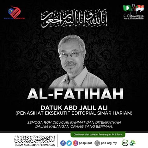 Ucapan Takziah buat Keluarga Datuk Abd Jalil Ali dan Warga Sinar Harian - Berita Parti Islam Se