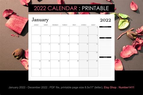 Printable Calendar 2022 For 12 Months Black And White Size Etsy New Zealand