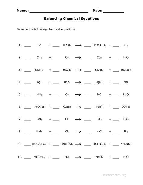 Balance each of the following equations. Balancing Chemical Equations Worksheet