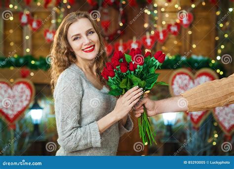 Man Hand Gives Woman Bouquet Of Roses Stock Image Image Of Amaze