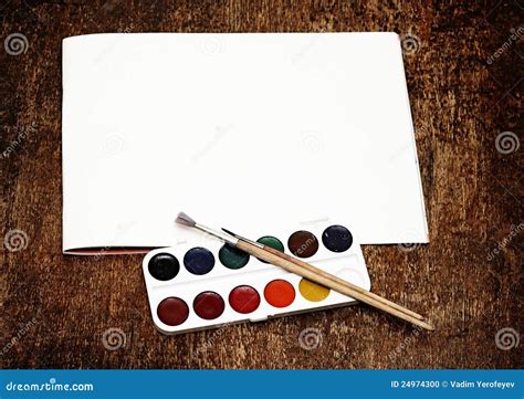 Set Of Art Paints And Brushes To Paint And Paper Stock Photo Image Of