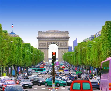 Traffic Jam With Cars In Paris City France View Of Arc De Trio Stock