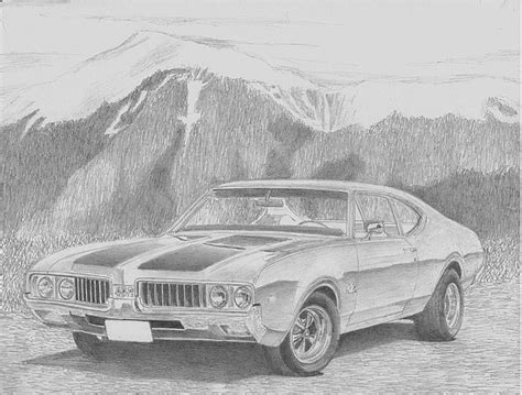 1969 Oldsmobile Cutlass 442 Muscle Car Art Print Drawing By Stephen