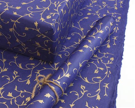 Lokta Wrapping Paper Gold Floral On Cornflower Blue Hand Etsy Uk