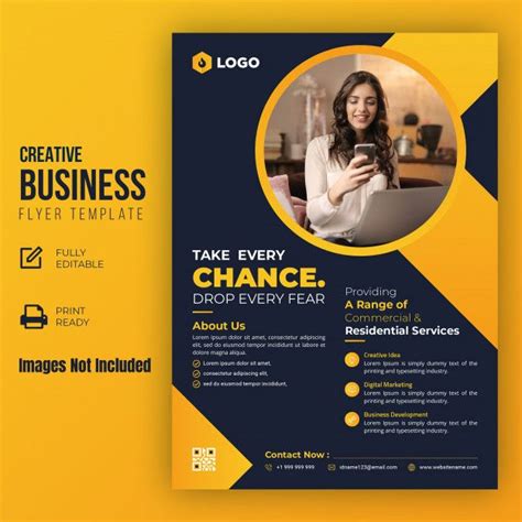 A Yellow And Blue Business Flyer Template With A Woman On Her Phone In