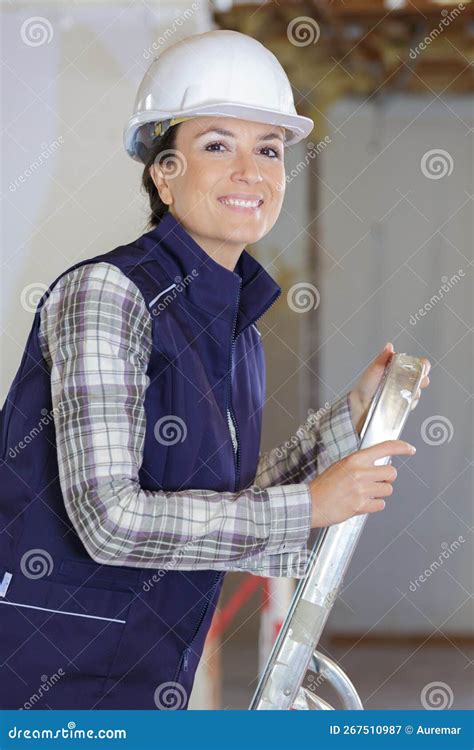 Portrait Female Builder On Stepladder Stock Image Image Of Caucasian