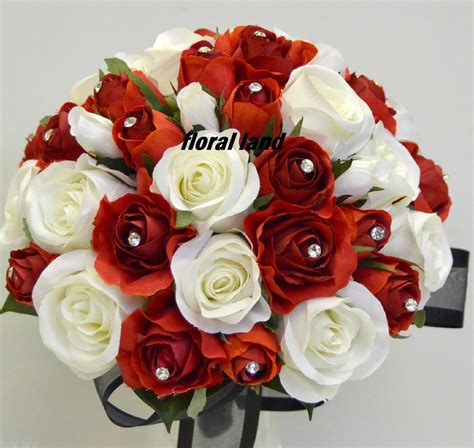 Silk Flower Wedding Bouquet Red White Rose Diamontie Posy Bridal Silk