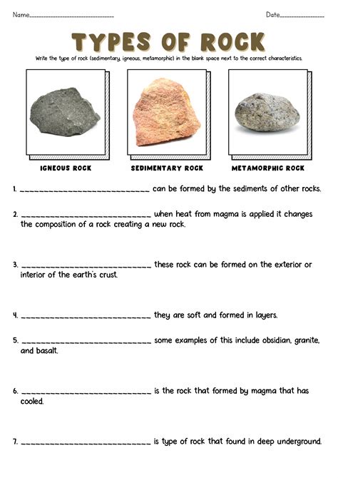 Types Of Rocks Worksheet Printable