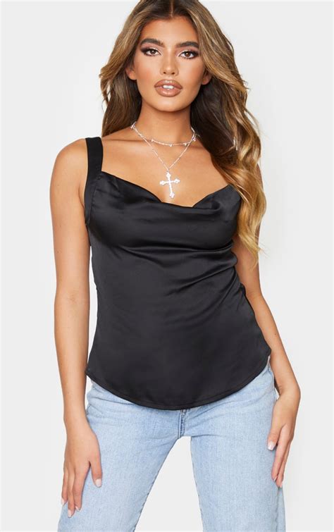 Black Satin Thick Strap Cowl Neck Cami Top Prettylittlething Il