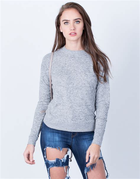 Heathered Knit Sweater Top - Light Gray Top - Lightweight Sweater - L/S ...