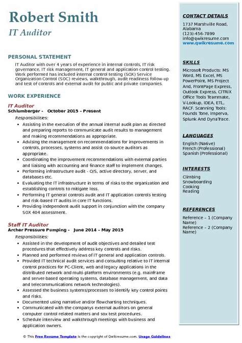 Browse resume examples for it jobs. IT Auditor Resume Samples | QwikResume
