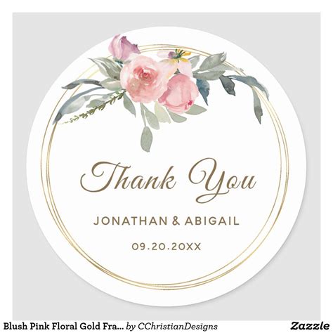 Blush Pink Floral Gold Frame Thank You Wedding Classic Round Sticker