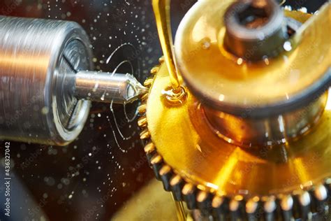 Metalworking Gear Wheel Machining With Oil Lubrication Stock Photo