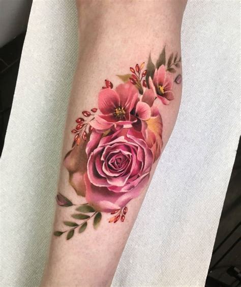 Pink Rose Tattoo On The Calf