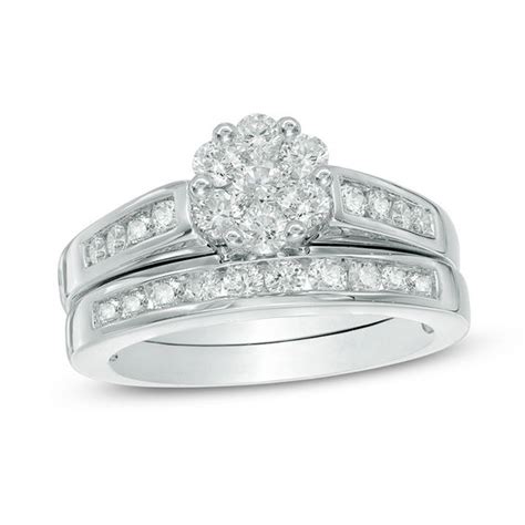 1 Ct T W Diamond Flower Bridal Set In 10k White Gold Engagement Rings Wedding Zales