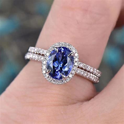 Aaa Tanzanite Bridal Ring Set In Platinum Plated Sterling Etsy