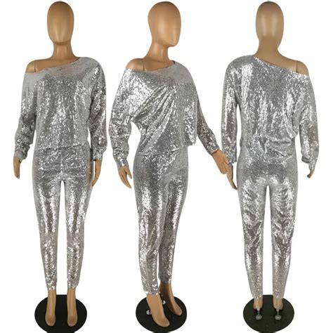 Buy Sexy Silver Sequin Two Piece Sets Women Glitter