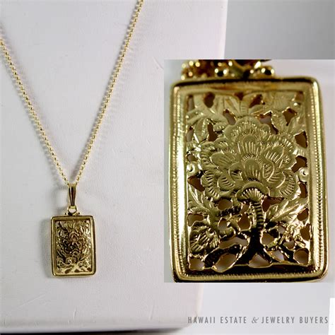 Mings Hawaii Peony Orchid 14k Yellow Gold Rectangle Shield Pendant