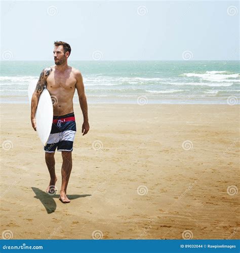 Man Beach Summer Holiday Vacation Surfing Concept Stock Photo Image