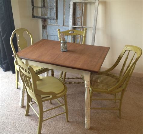 The back consists of multiple thin spindles that connect to a solid, sculpted wooden seat and an arched or straight top piece. Hand Crafted Vintage Small Kitchen Table With Four Miss ...