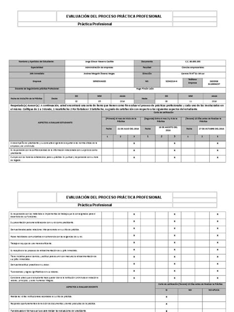 4 Formato Evaluación Del Proceso De Práctica Profesional Evaluación