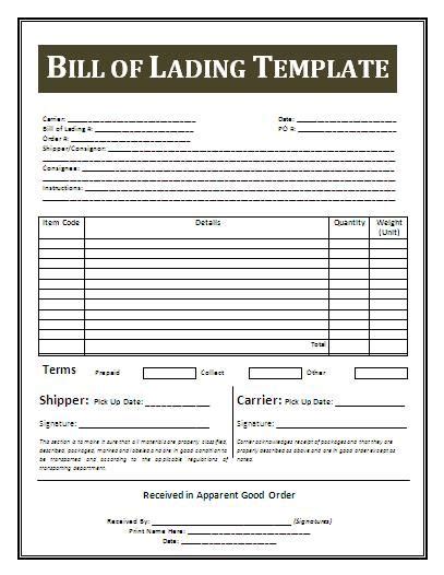 This document serves as a shipment invoice to the delivery destination stating that the shipment was received. Printable sample bill of lading terms template