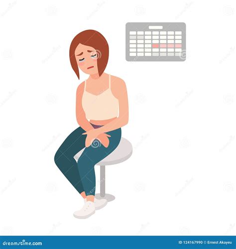 PMS Menstrual Pain Girl Woman Suffering From Abdominal Pain Gi Vector Illustration