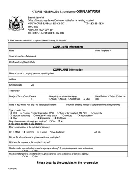 Health plans must give you important information about your coverage. Fillable Health Care Bureau Complaint Form - New York State Attorney General printable pdf download