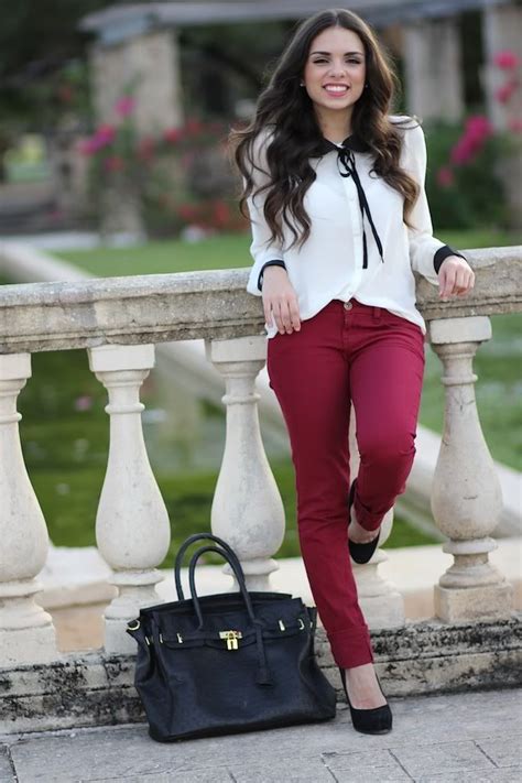 White And Black Blouse Burgundy Pants Black Shoes Fashion What To