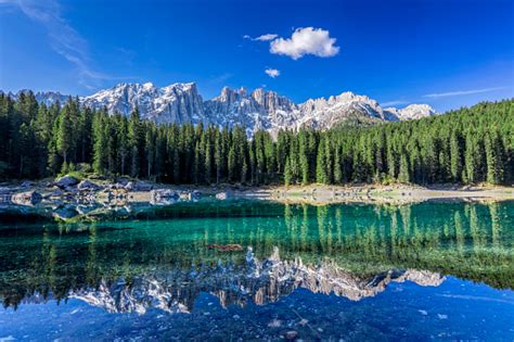 Dolomites Lake Carezza Karersee Trentinoalto Adige Italy Stock Photo