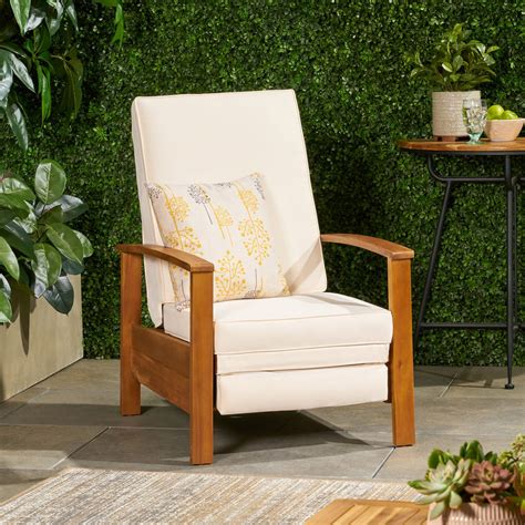 Roslyn Outdoor Acacia Wood Push Back Recliner With Cushion Sandblast