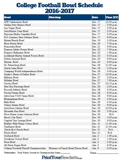 Bowl Games Schedule Printable