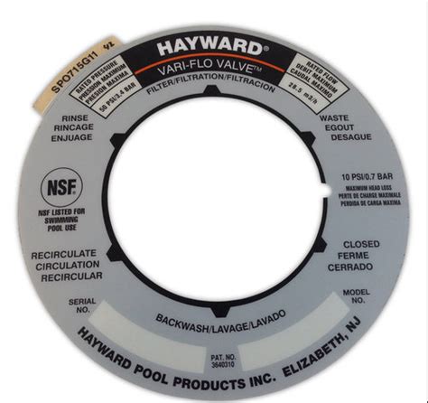 Hayward Replacement Valve Label Plate Spx0710g