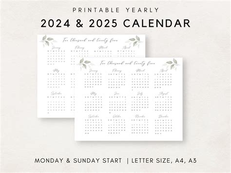 2024 2025 Yearly Calendar Printable Calendar Wall Calendar 2024 2025