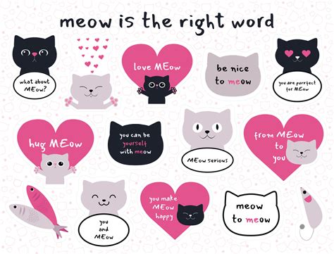 Set Of Meow Stickers With Different Cats Speaking Funny Phrases Cute